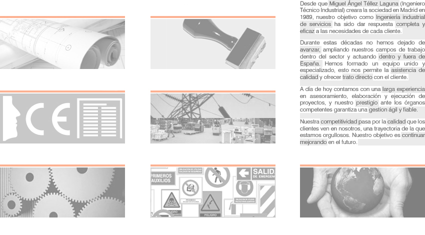 Desde que Miguel ngel Tllez Laguna (Ingeniero Tcnico Industrial) creara la sociedad en Madrid en 1989, nuestro objetivo como Ingeniera industrial de servicios ha sido dar respuesta completa y eficaz a las necesidades de cada cliente. Durante estas dcadas no hemos dejado de avanzar, ampliando nuestros campos de trabajo dentro del sector y actuando dentro y fuera de Espaa. Hemos formado un equipo unido y especializado, esto nos permite la asistencia de calidad y ofrecer trato directo con el cliente. A da de hoy contamos con una larga experiencia en asesoramiento, elaboracin y ejecucin de proyectos, y nuestro prestigio ante los rganos competentes garantiza una gestion gil y fiable. Nuestra competitividad pasa por la calidad que los clientes ven en nosotros, una trayectoria de la que estamos orgullosos. Nuestro objetivo es continuar mejorando en el futuro.